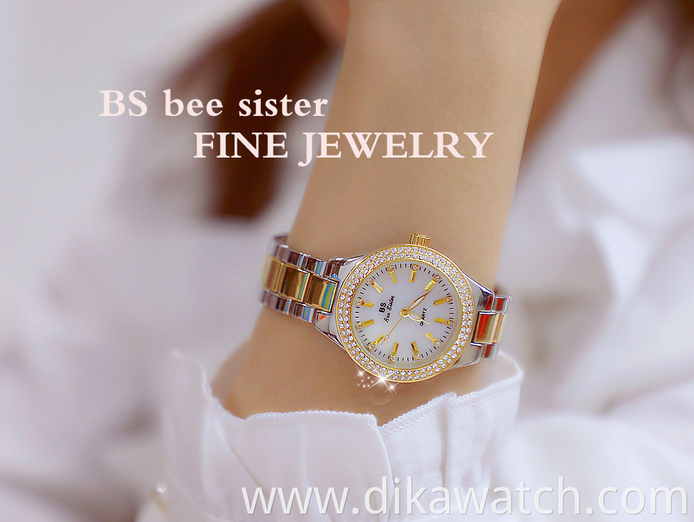 BS Watch 1258 Ladies Top Brand Luxury Wrist Watches Dress Gold Women Crystal Diamond Stainless Steel Watch